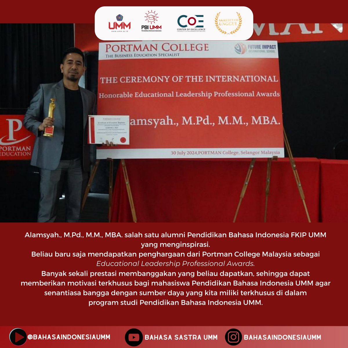 Alamsyah, Alumni Prodi Pendidikan Bahasa Indonesia FKIP UMM, Raih Penghargaan Internasional dan Menjadi Inspirasi
